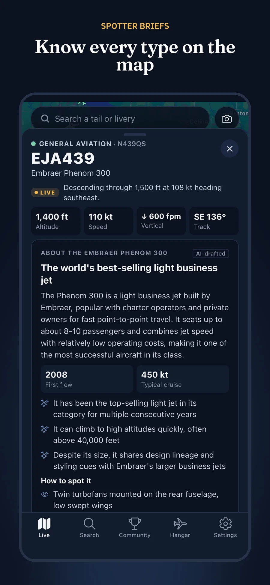 Stabilator app showing a spotter brief for an aircraft type
