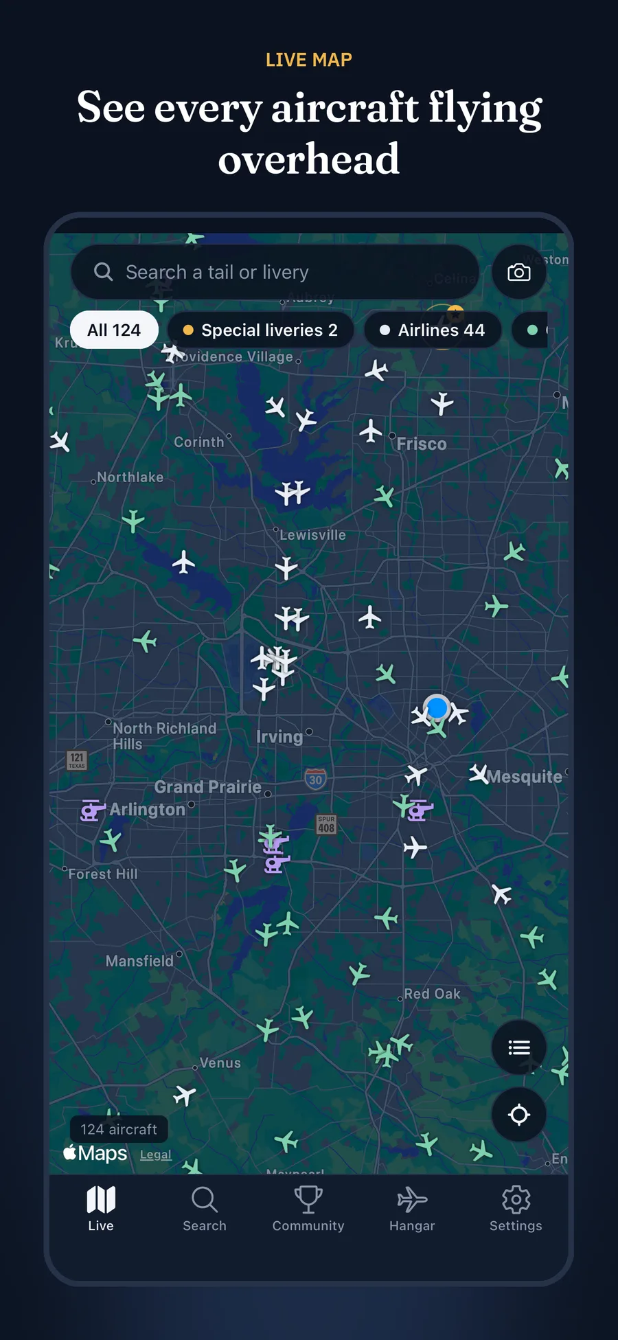 Stabilator app showing the live map of aircraft overhead
