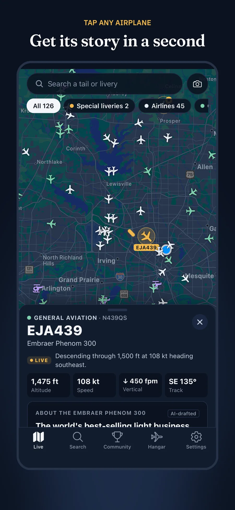 Stabilator app showing the card for a tapped airplane